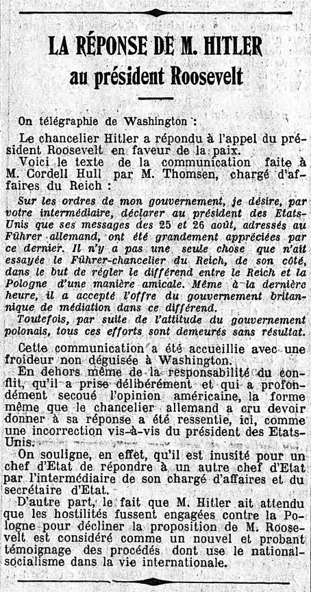Réponse de Hitler à Roosevelt le 03 Septembre 1939 rapons10