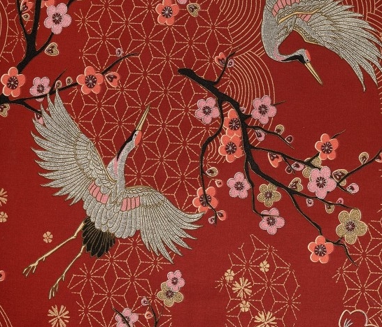 tissu rouge à motis japonais de grues, fleurs de cerisiers et bonsai